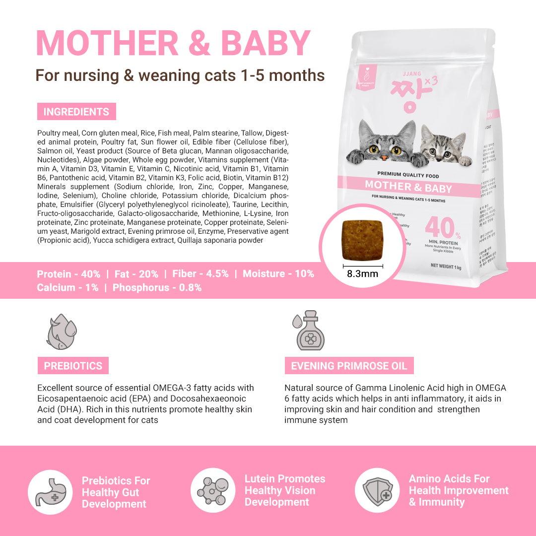 JJANGX3 Premium Cat Dry Food 40% Protein (Hair & Skin, Kitten & Mother Baby) (1kg x 12 packs)